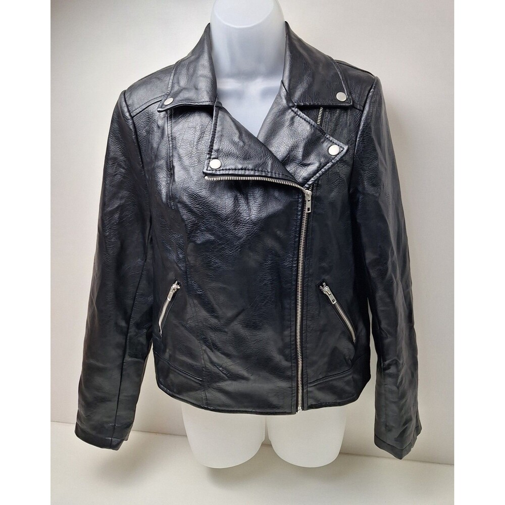 Forever 21 Black Faux Leather Moto Biker Jacket w/Zip Pockets/Sleeves Women's M